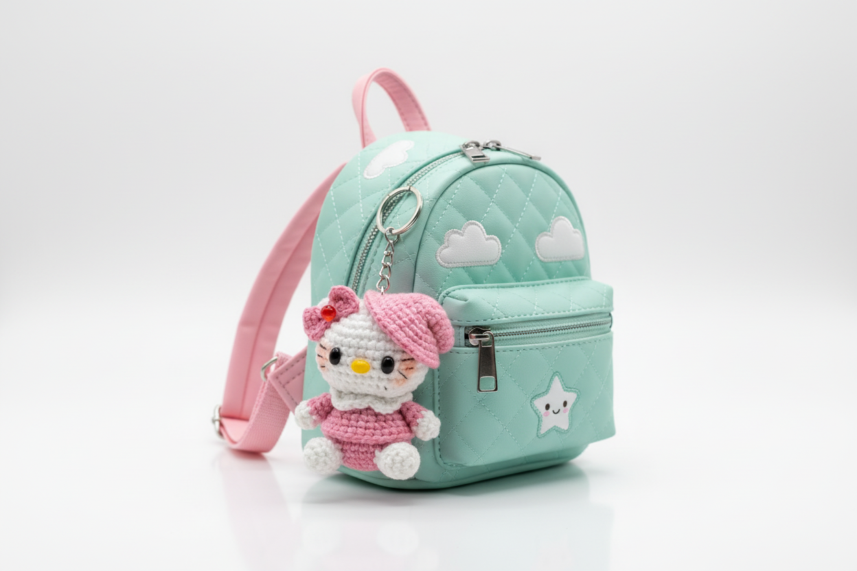 Handmade Crochet Kitty Keychain – Cute Pink Cat Plush Bag Charm