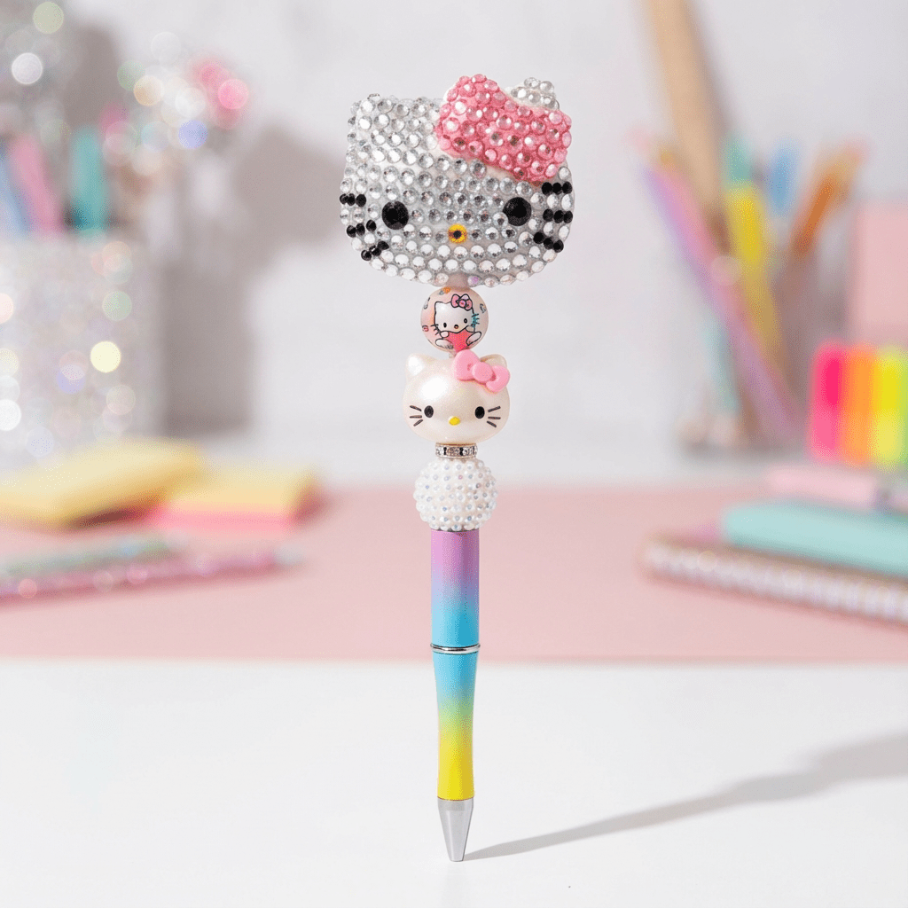 🎀✨ Hello Kitty Bling Beaded Pen – Handmade Sparkle Pen with Rainbow Barrel ✨🎀