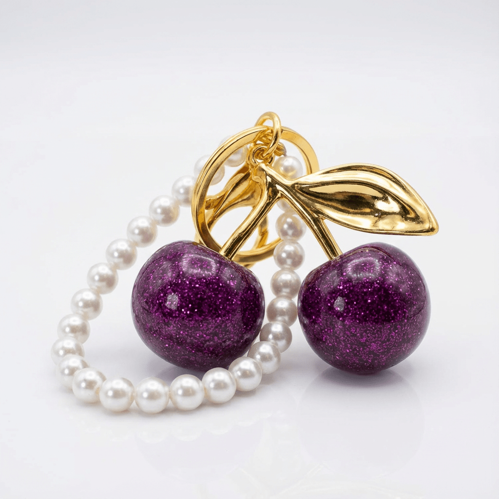 π Elegant Cherry Keychain with Pearl Handle β Gold & Purple Glitter