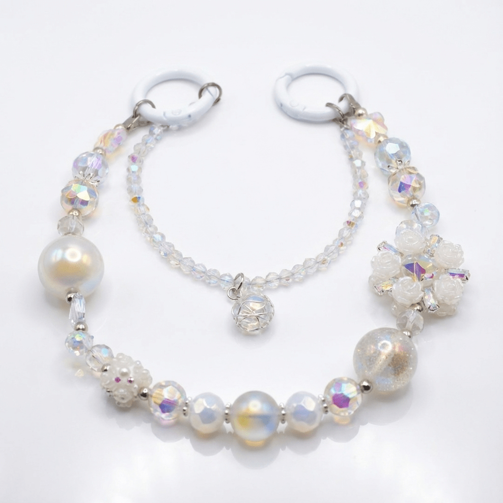 Iridescent Crystal Beaded Bag Charm – Pearl & Snowflake Sparkle