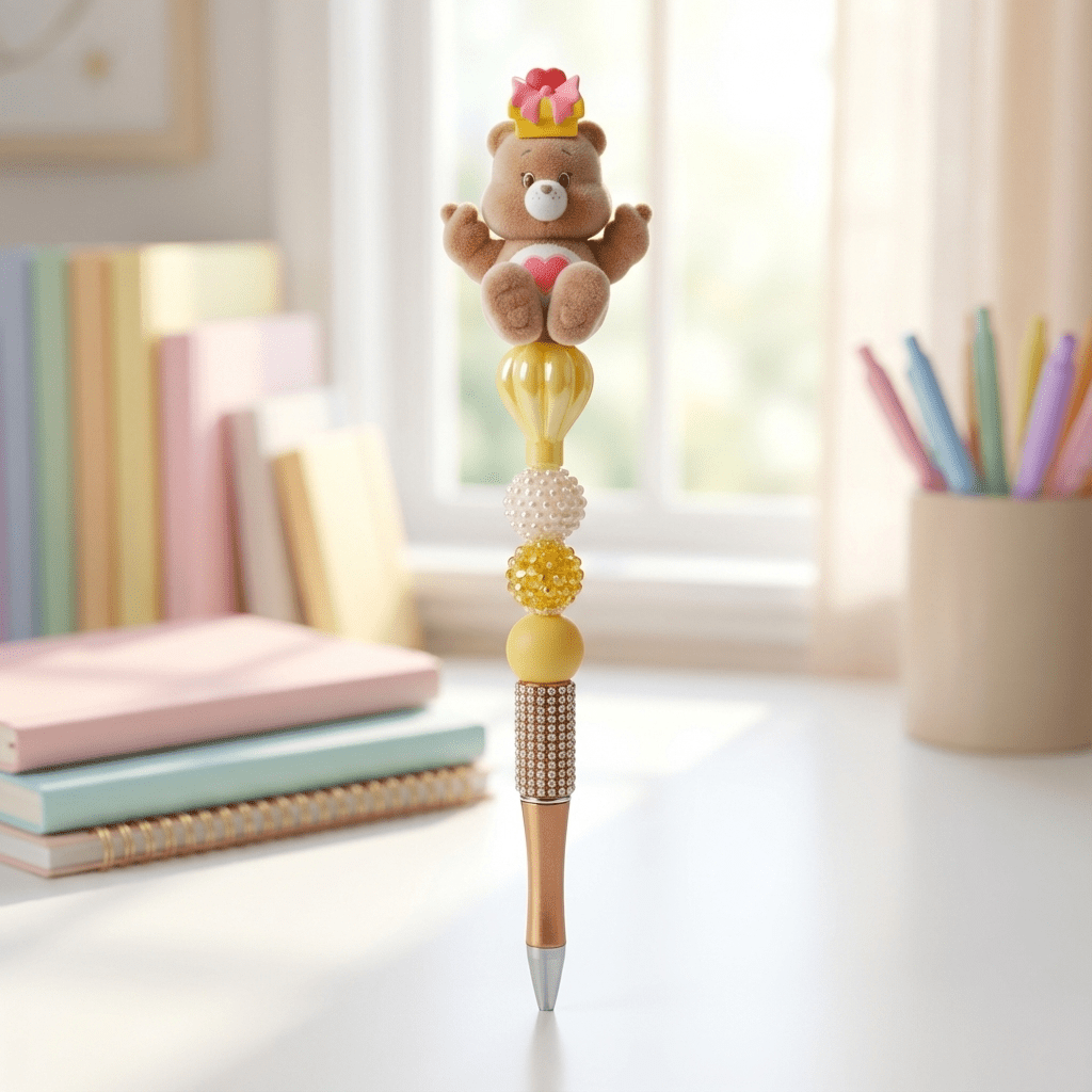Crowned Plush Bear Beaded Pen – Cute Yellow Charm Pen with Sparkle Grip