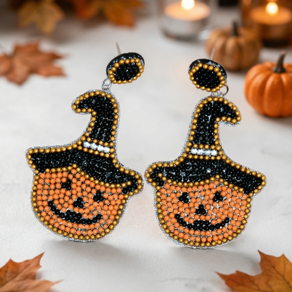 🎃 Beaded Pumpkin Witch Hat Earrings