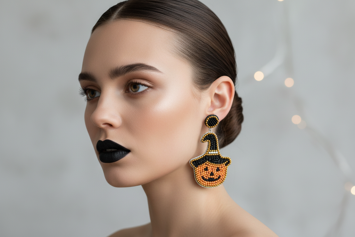 🎃 Beaded Pumpkin Witch Hat Earrings