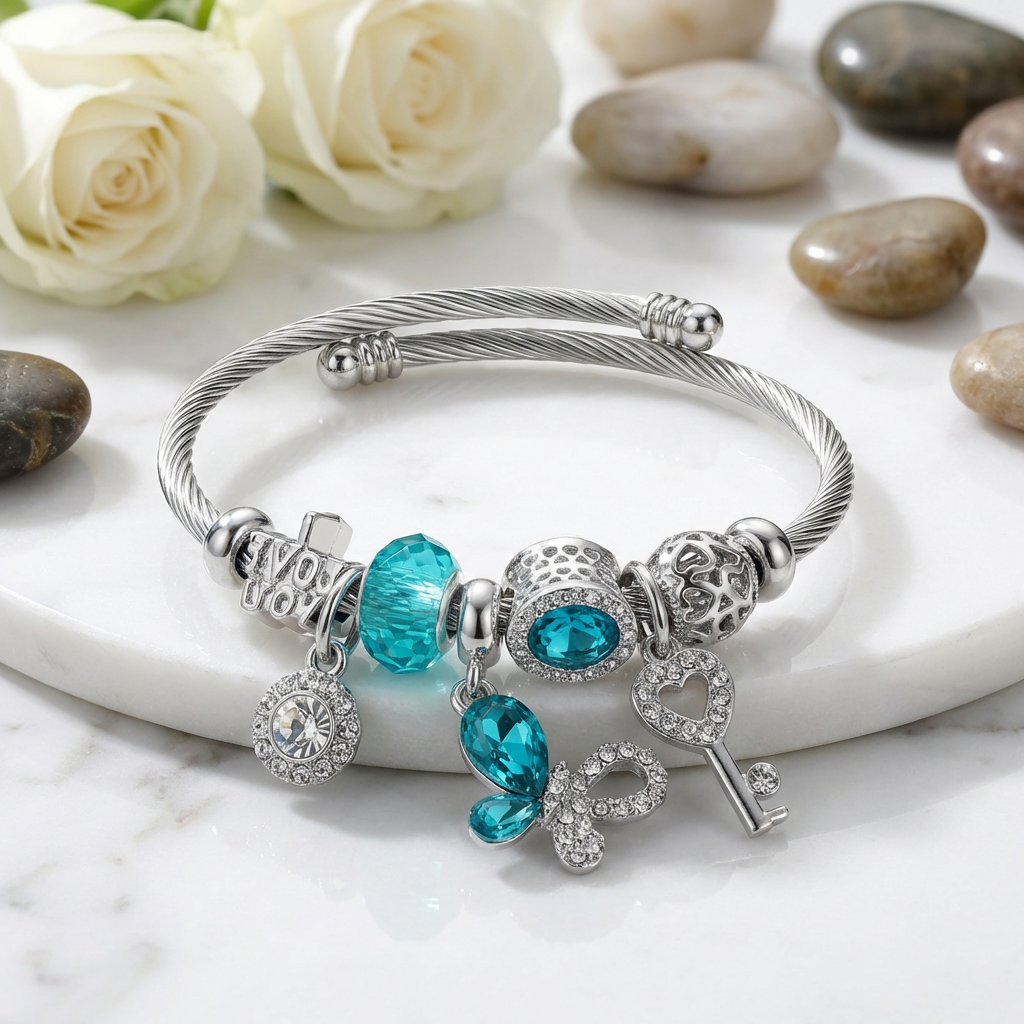 Teal Crystal Charm Bracelet – Silver Cable Bangle with Love & Key Charms