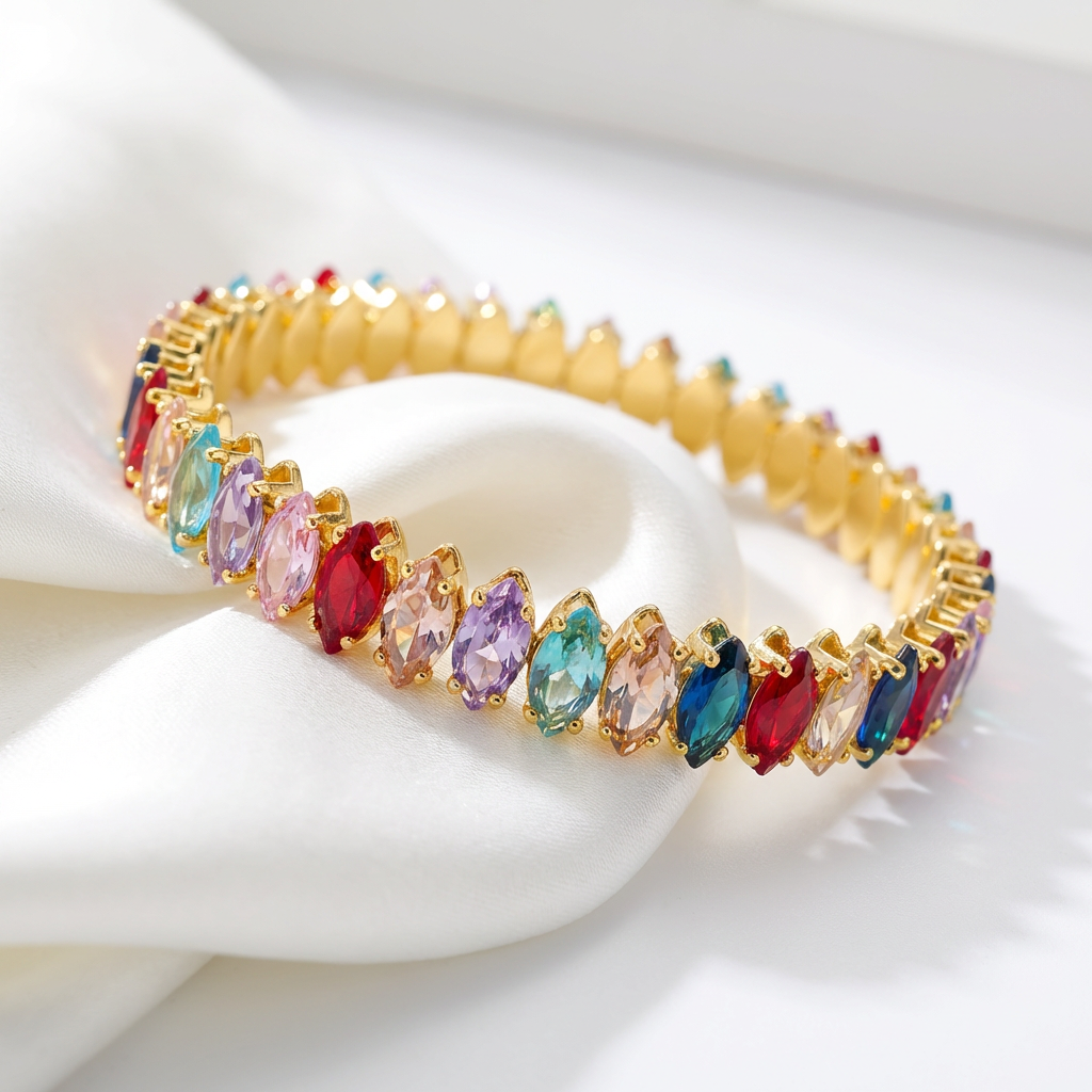 Multicolor Crystal Stretch Bracelet – Gold Rainbow Gem Bangle