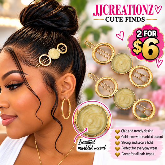 Elegant Gold-Tone Geometric Hair Clips with Cream Marble Accents – Set of 2