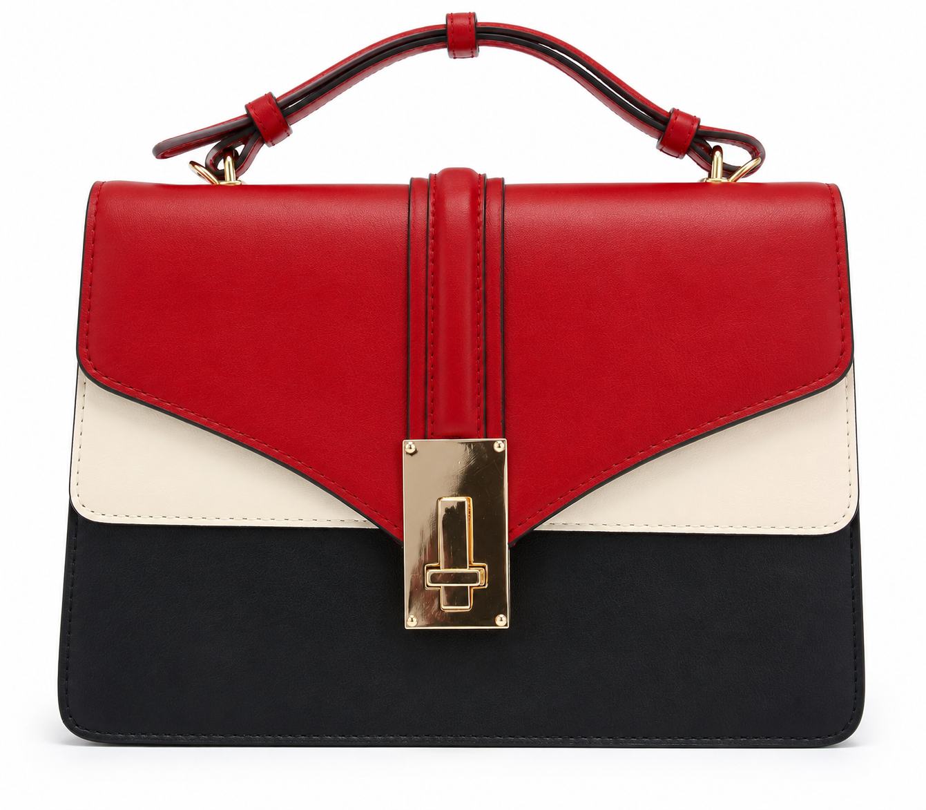 Red, Black & Cream Colorblock Structured Handbag