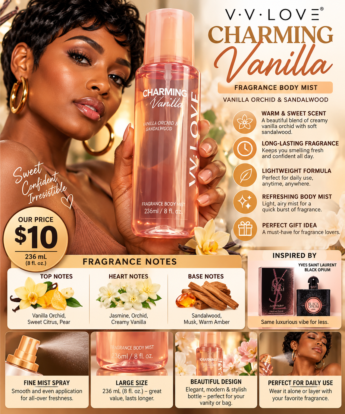 V.V. LOVE Charming Vanilla Fragrance Body Mist – 8 oz.