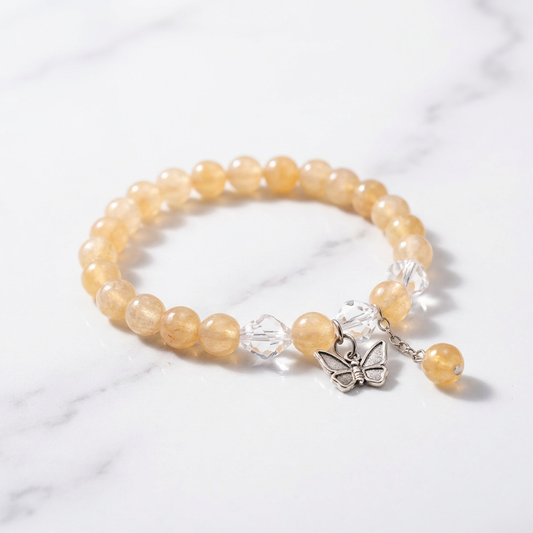 Peach Butterfly Charm Bracelet – Soft Pastel Beaded Stretch Bracelet