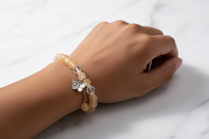 Peach Butterfly Charm Bracelet – Soft Pastel Beaded Stretch Bracelet
