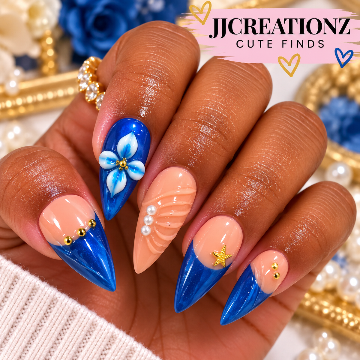 Royal Blue Ocean Blossom Stiletto Press-On Nails from JJCREATIONZ Cute Finds! -Medium