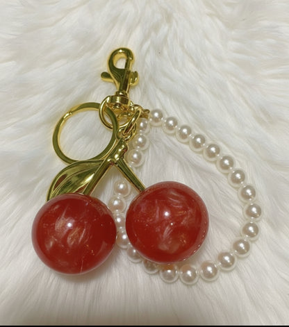 🍒 Orange Cherry Keychain with Pearl Handle – Handmade Fruit Bag Charm