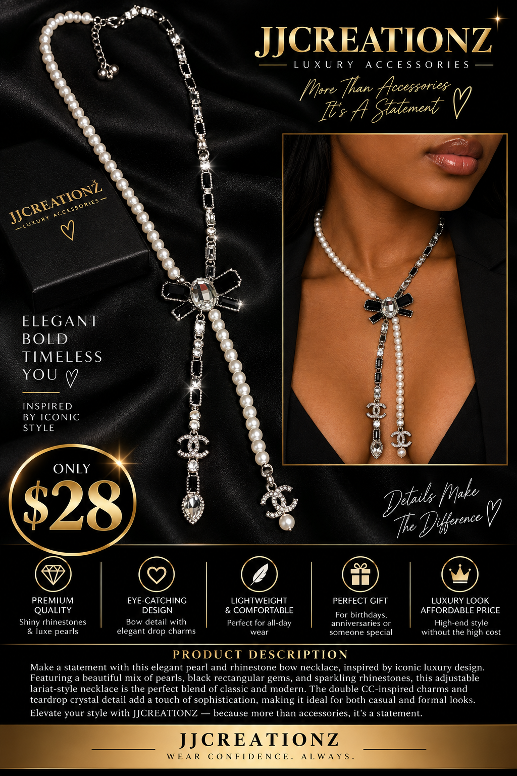 Luxury-Inspired Pearl & Rhinestone Bow Statement Necklace
