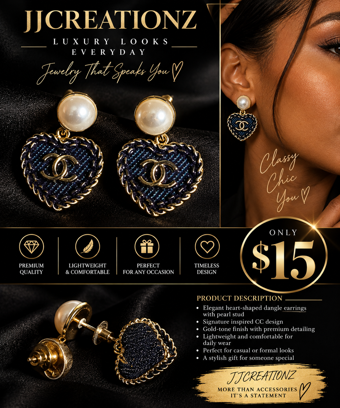 Luxury-Inspired Pearl & Navy Blue Heart Dangle Earrings – Gold Tone