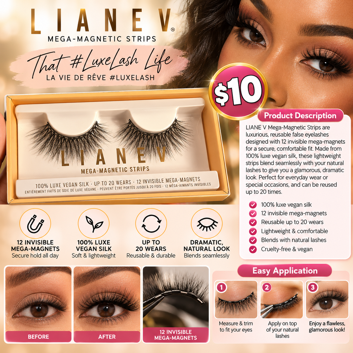 LIANE V Mega-Magnetic False Eyelashes – Luxe Vegan Silk | Reusable Lashes