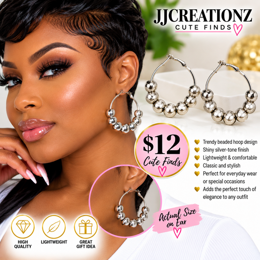 Silver-Tone Beaded Hoop Earrings – Chic Metallic Statement Jewelry