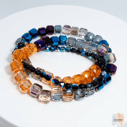✨ Crystal Beaded Stretch Bracelet Set – Blue, Amber & Clear Tones