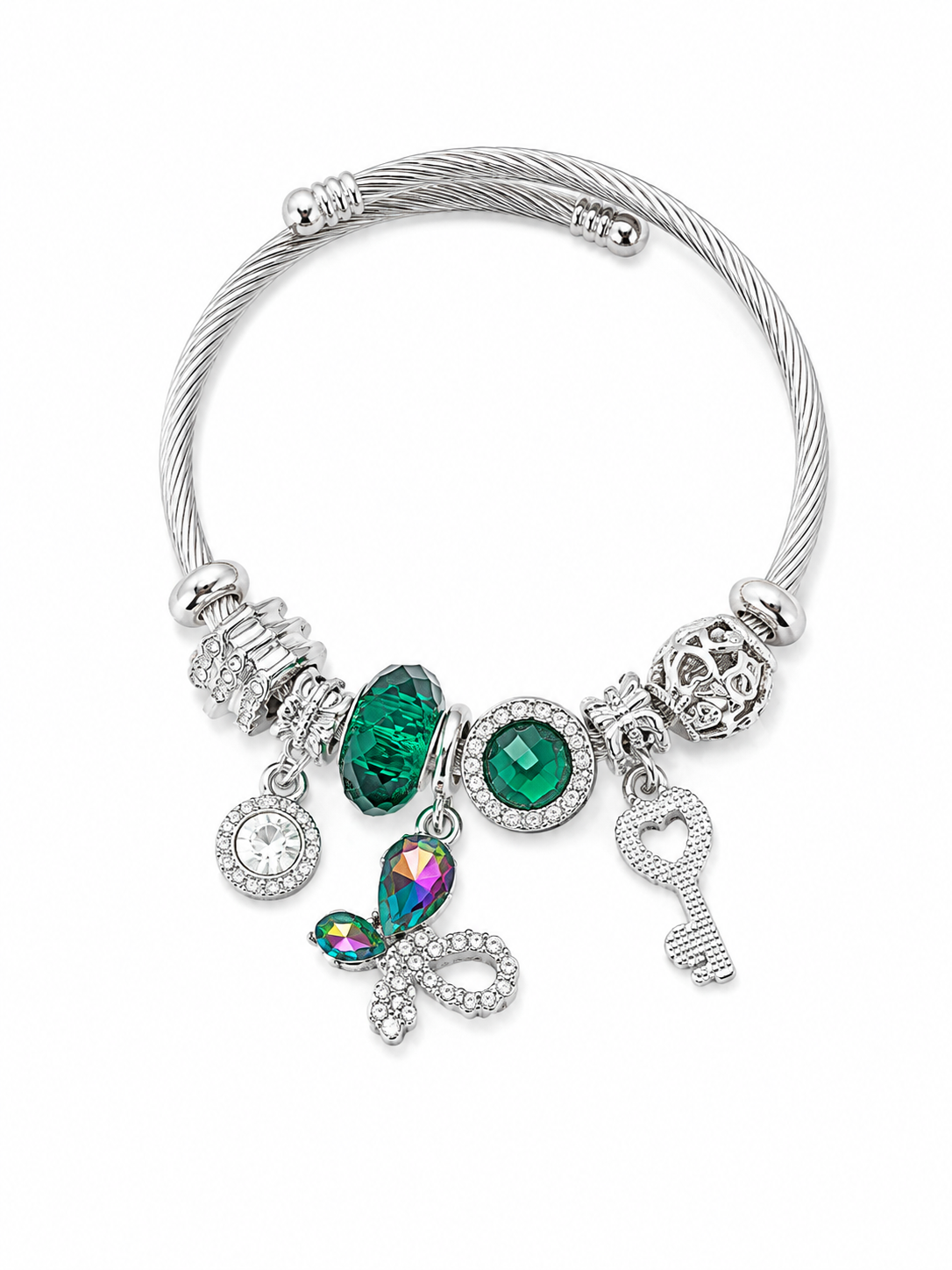 Emerald Green Butterfly & Key Charm Bracelet