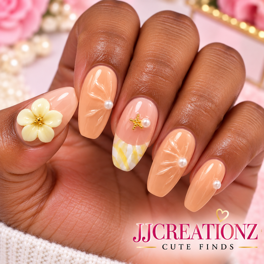 Peach Blossom & Pearl Elegance Press-On Nails-Medium