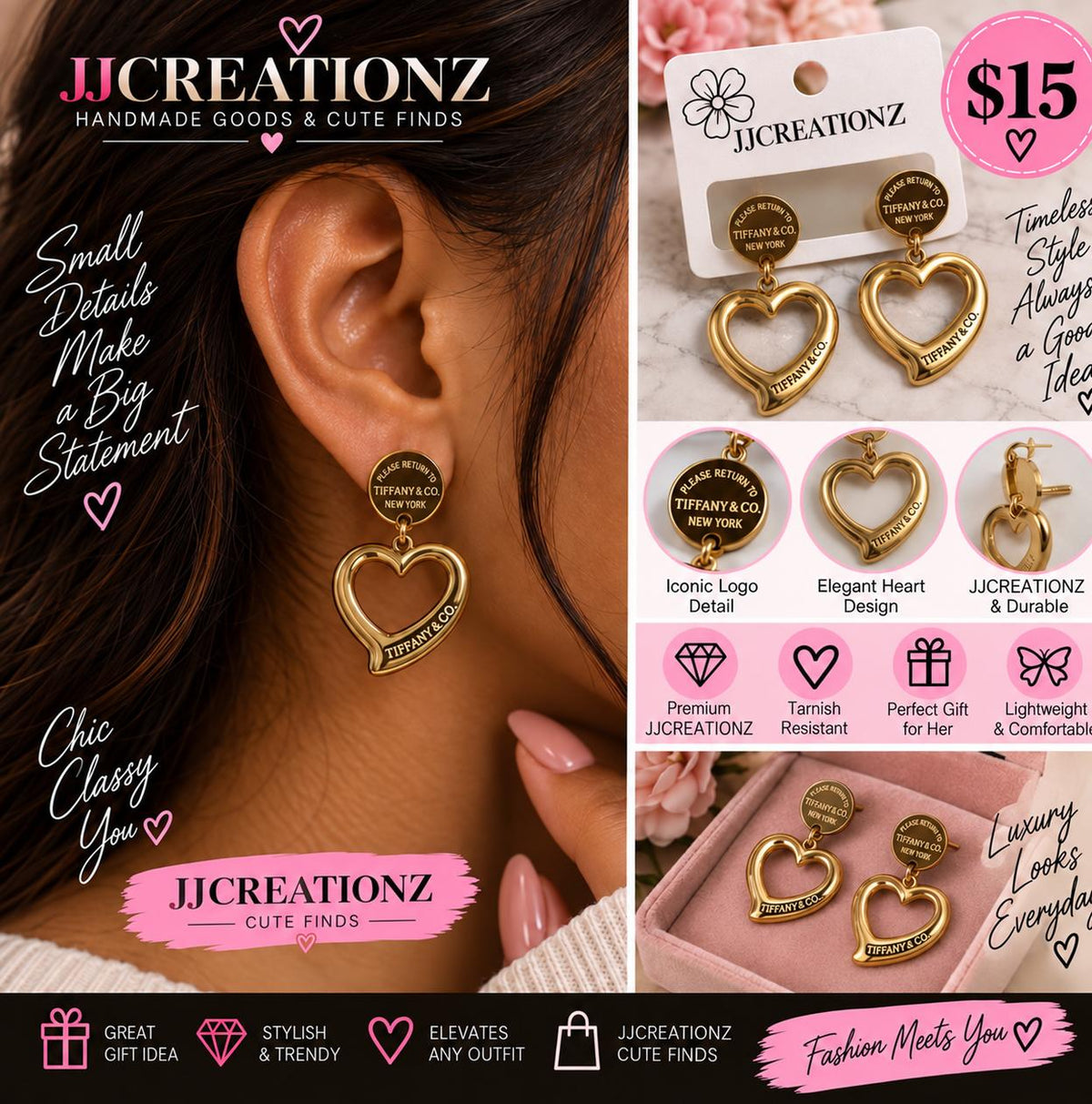 Tiffany & Co.-Inspired Gold-Tone Heart Drop Earrings