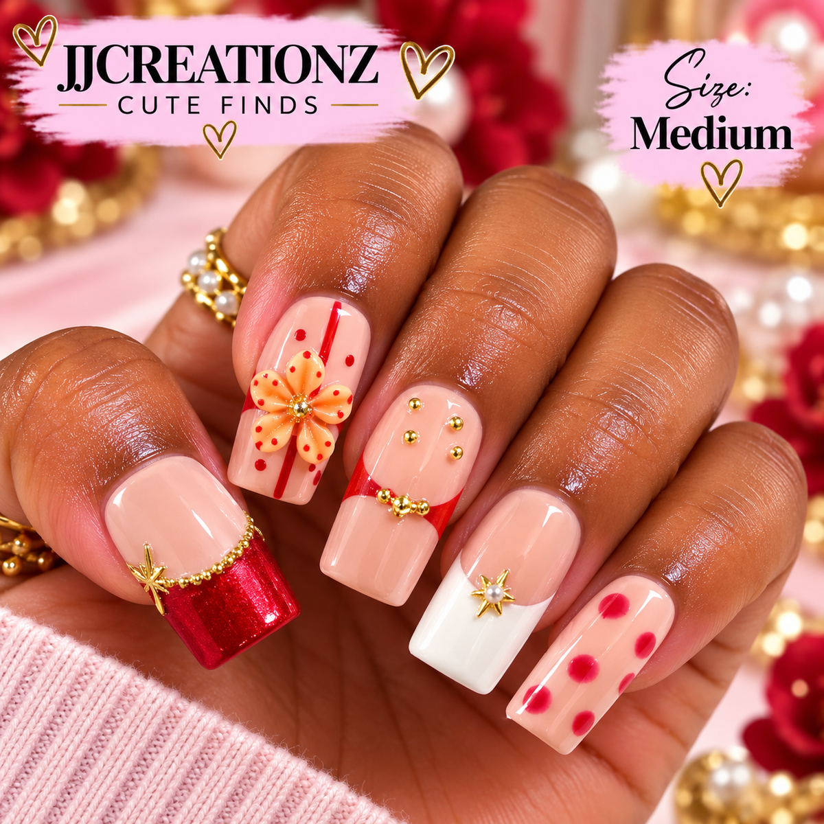 Ruby Blossom Glam Square Press-On Nails – Size Medium | JJCREATIONZ Cute Finds