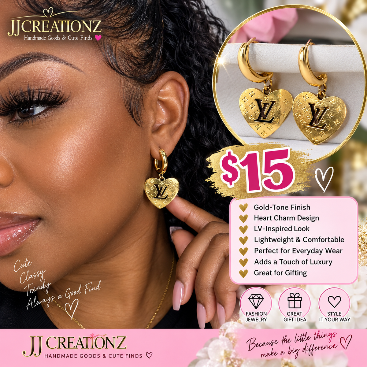 LV-Inspired Gold-Tone Heart Charm Hoop Earrings