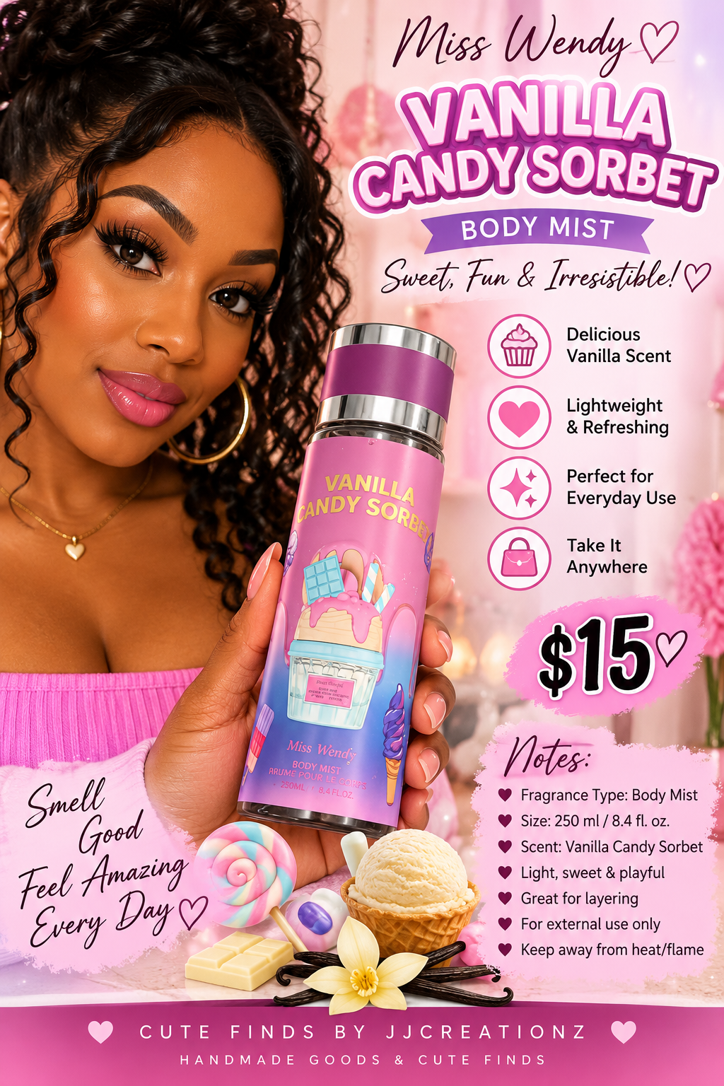 Miss Wendy Vanilla Candy Sorbet Body Mist – Sweet Vanilla Fragrance Spray, 250ml