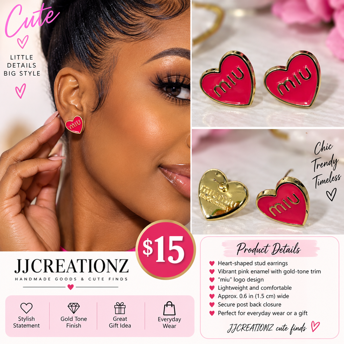 Pink Heart “Miu” Stud Earrings – Gold-Tone Finish