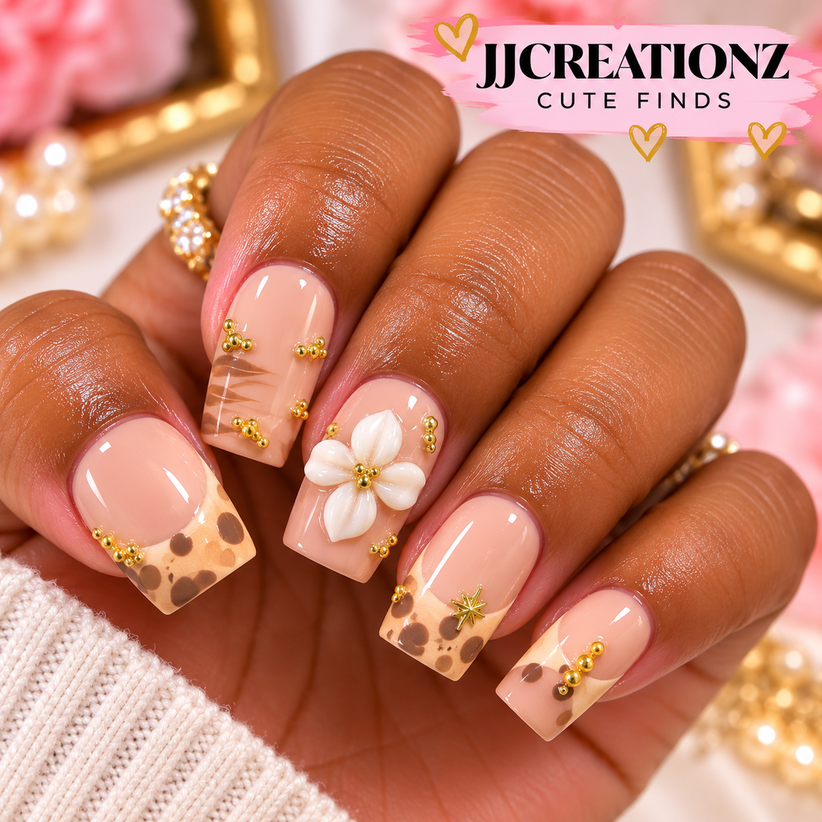 Golden Safari Blossom Square Press-On Nails | JJCREATIONZ Cute Finds-medium