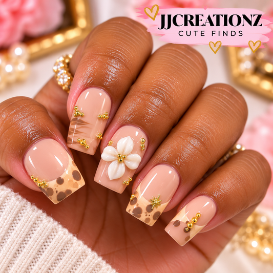Golden Safari Blossom Square Press-On Nails | JJCREATIONZ Cute Finds-medium
