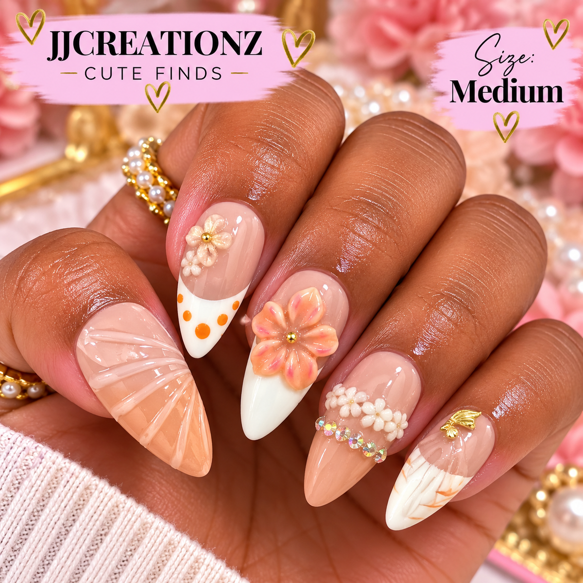 Peach Blossom Paradise Stiletto Press-On Nails – Size Medium | JJCREATIONZ Cute Finds