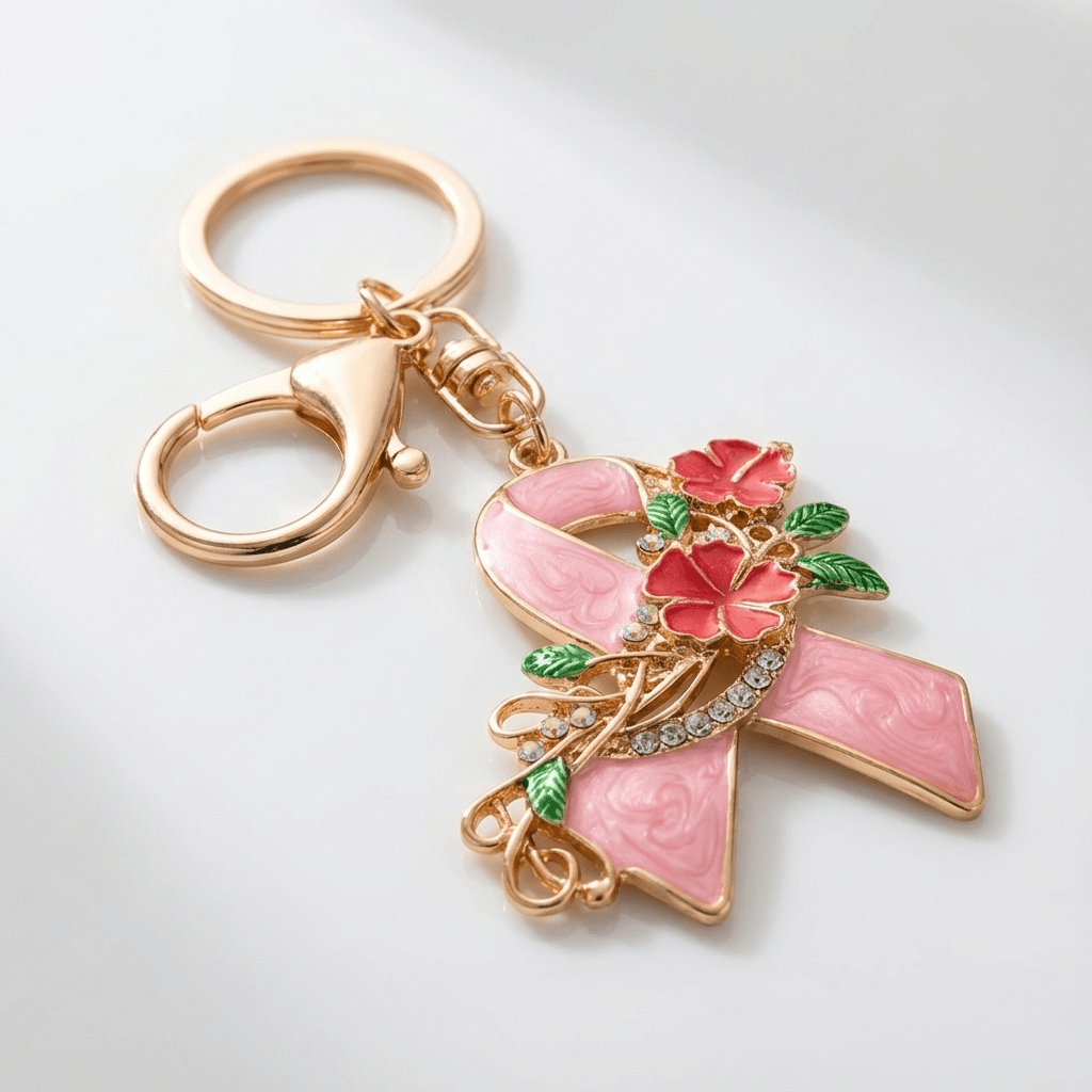 🌸 Pink Ribbon Awareness Keychain with Floral Design