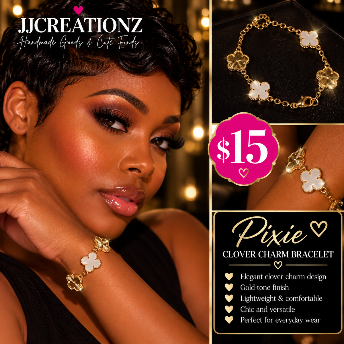 Clover Charm Bracelet – Gold-Tone & White Floral Design