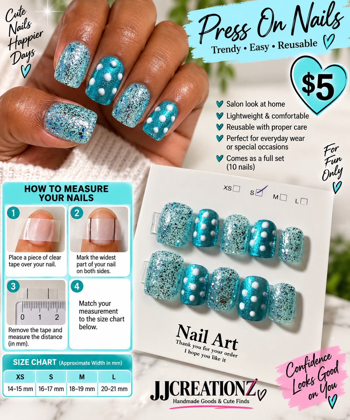 Aqua Sparkle & Polka Dot Press-On Nail Set – Short Square