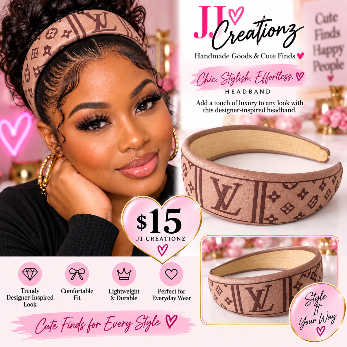 LV-Inspired Brown Monogram Padded Headband – Designer-Inspired Hair Accessory