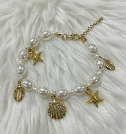 🐚 Pearl Beaded Seashell & Starfish Charm Bracelet – Beach Boho Jewelry