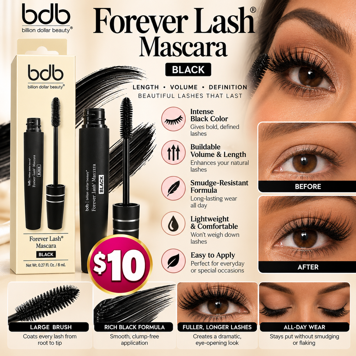 BDB Billion Dollar Beauty Forever Lash Mascara – Black | Lengthening & Volumizing