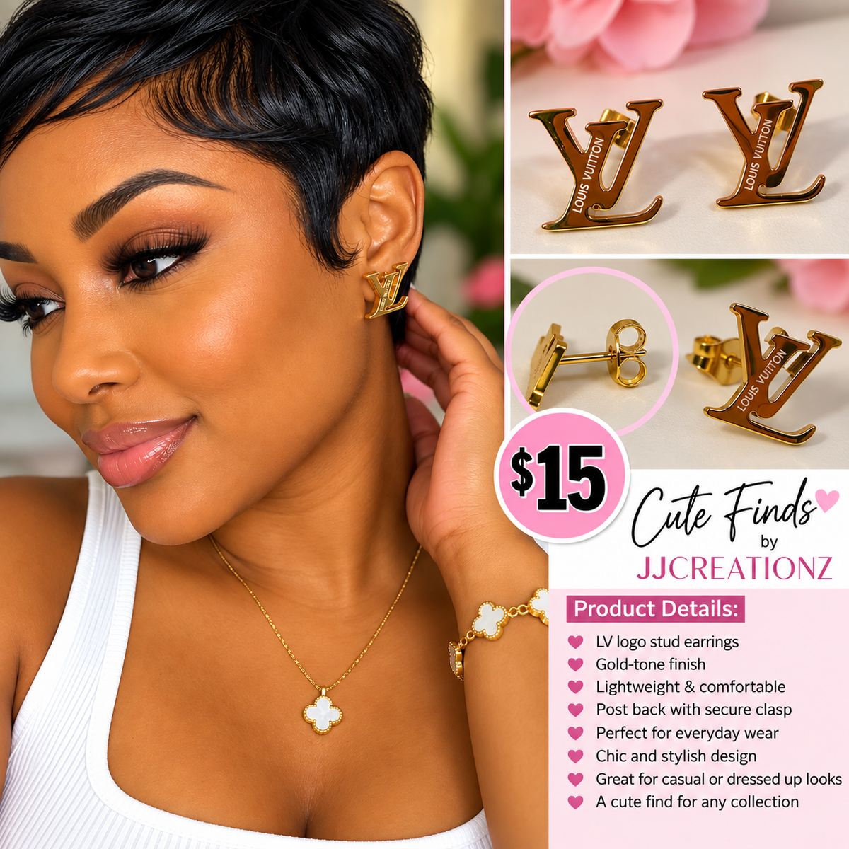 Gold-Tone Designer-Inspired Logo Stud Earrings