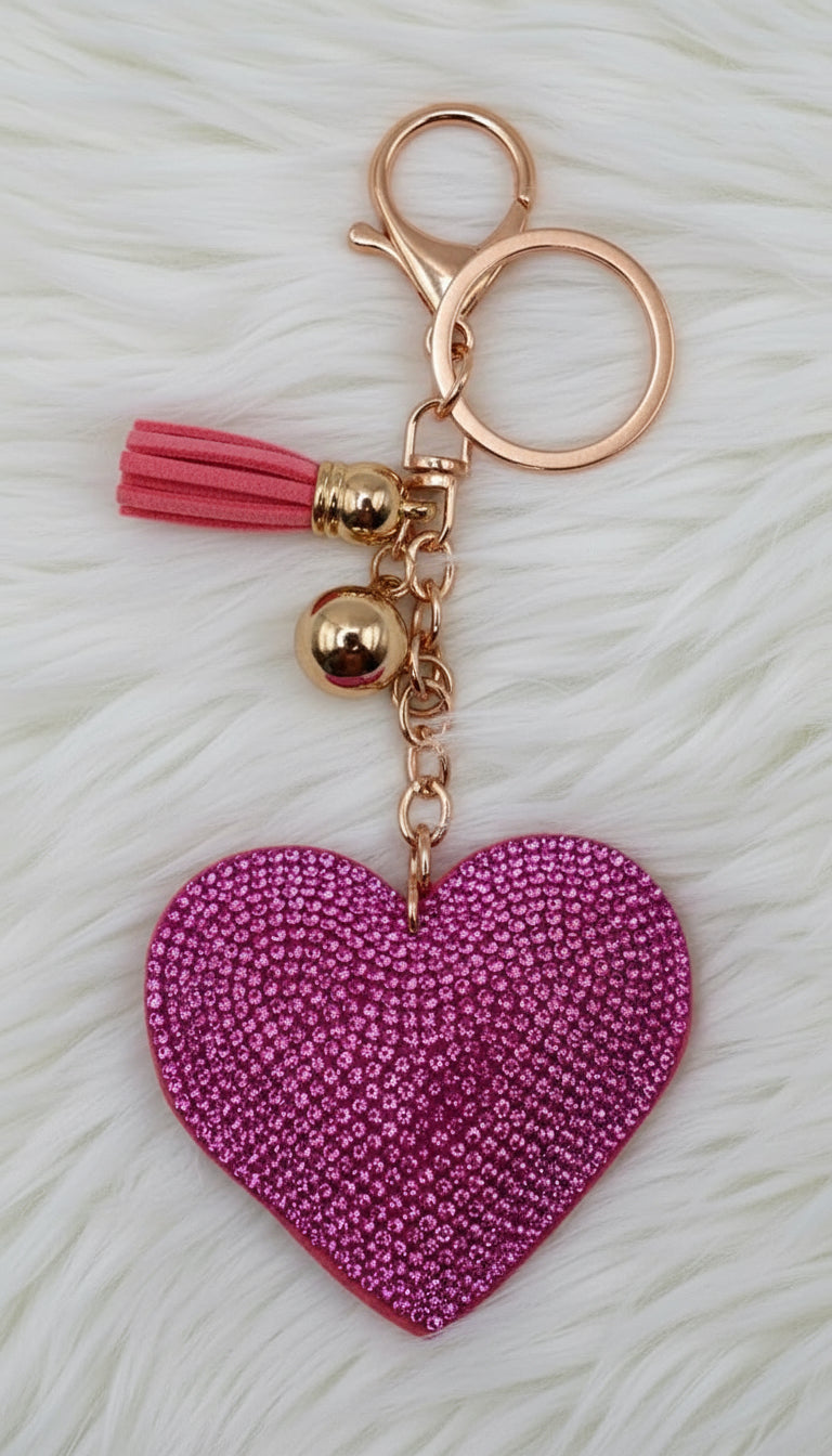 💖 Sparkly Pink Heart Keychain with Tassel & Charm – Cute Bag Accessory