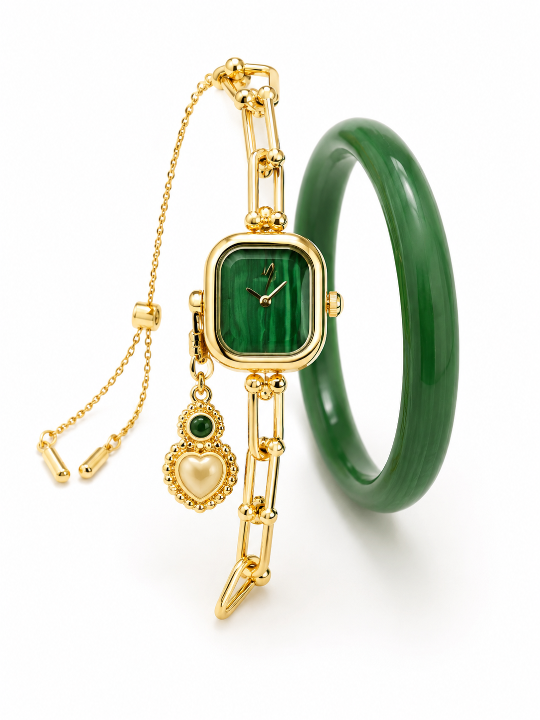 Elegant Green Stone Watch Bracelet Set – Gold-Tone Fashion Watch with Jade-Inspired Bangle
