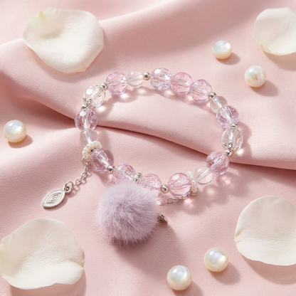 Lavender Crystal Beaded Bracelet – Pom-Pom Charm Stretch Bracelet