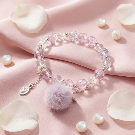 Lavender Crystal Beaded Bracelet – Pom-Pom Charm Stretch Bracelet