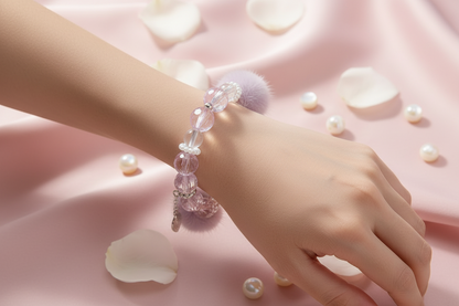 Lavender Crystal Beaded Bracelet – Pom-Pom Charm Stretch Bracelet