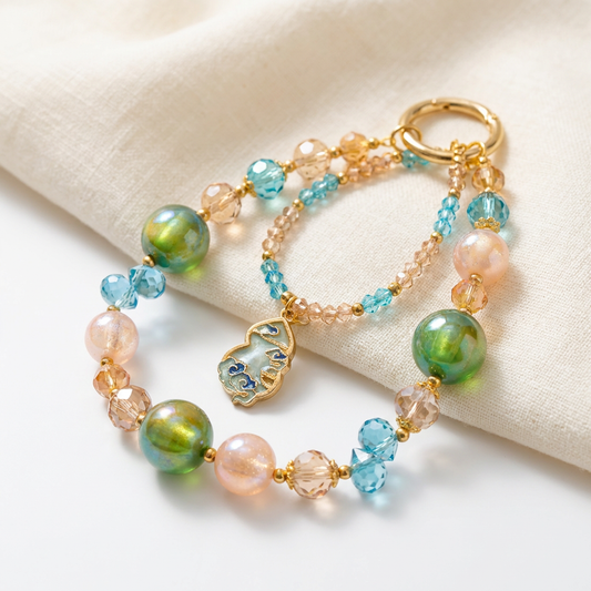 Ocean Breeze Beaded Bag Charm – Crystal & Gold Handbag Accessory