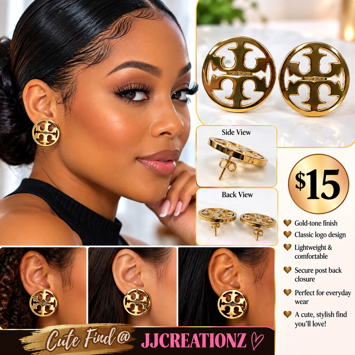 Gold-Tone Round Logo Stud Earrings – Classic Statement Earrings