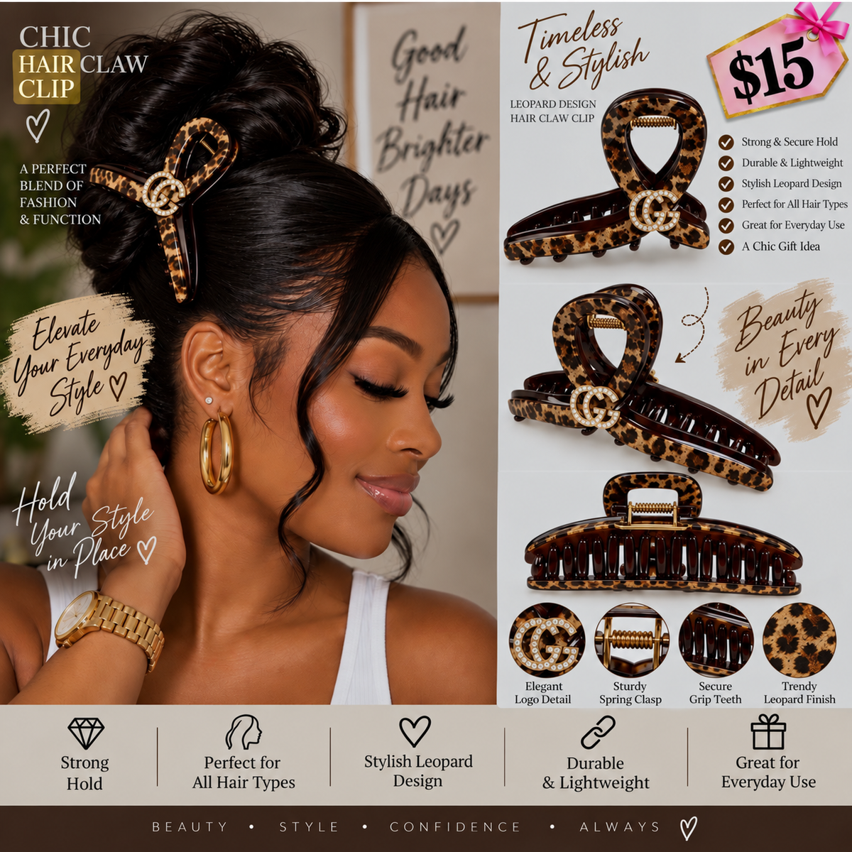 Leopard Print Statement Hair Claw Clip – Gold-Tone Accent