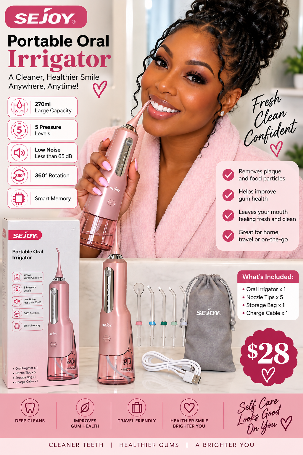 SEJOY Portable Oral Irrigator – Pink Rechargeable Water Flosser with 5 Cleaning Modes & 5 Nozzle Tips