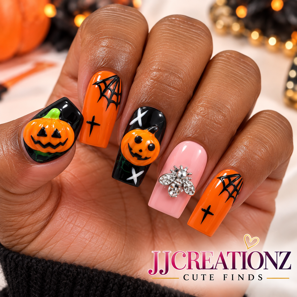 Spooky Pumpkin Glam Halloween Press-On Nails