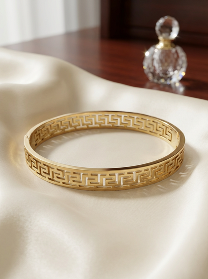 Gold-Tone Greek Key Bangle Bracelet – Classic Geometric Cutout Design
