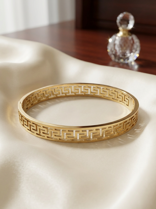 Gold-Tone Greek Key Bangle Bracelet – Classic Geometric Cutout Design